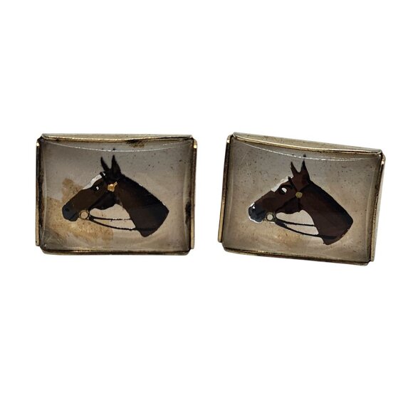 Vintage Horse Head Cufflinks Gold Tone Resin Rectangular Design - Picture 1 of 4